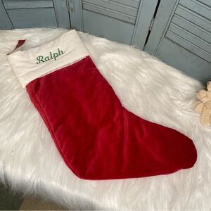 Pottery Barn NWT Red & Ivory Velvet Medium Stocking Embroidered RALPH in Green